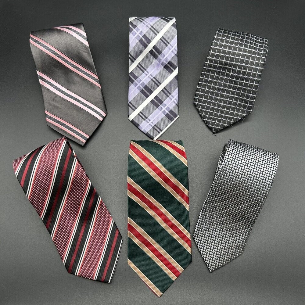Lot of 6 Men's Neck Ties 55-58" Long 3" Wide Stripe Plaid Gray Purple Pink Black